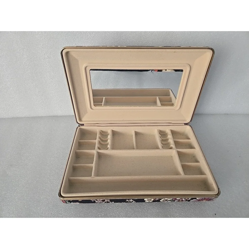 Vintage Travel Jewelry Box Clamshell Hard Case Black Floral Gold Mirror‎ Inside